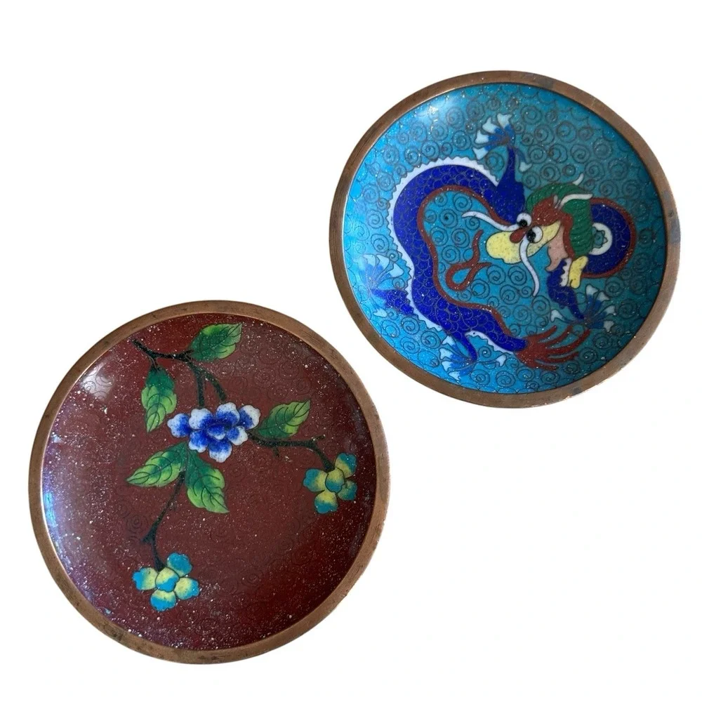 Vintage Set Of 2 Etched Brass Cloisonné Enamel Chinese India Floral Plates 3.75